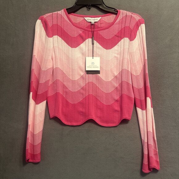 NWT Ming Wang Chevron Stripe Lightweight Knit Sweater Top Size XS Pink Preppy - Picture 1 of 9